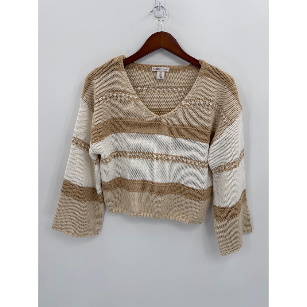Sincerely Jules  Oversized V Neck Tan and Cream Striped Knit Sweater Size Small